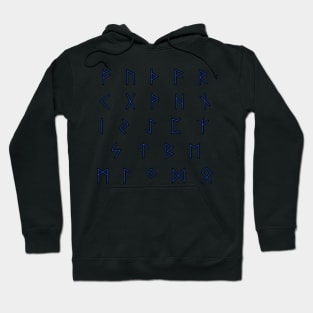 Futhark Rune Alphabet Stickers in Lightning Blue against the Night Dark Hoodie